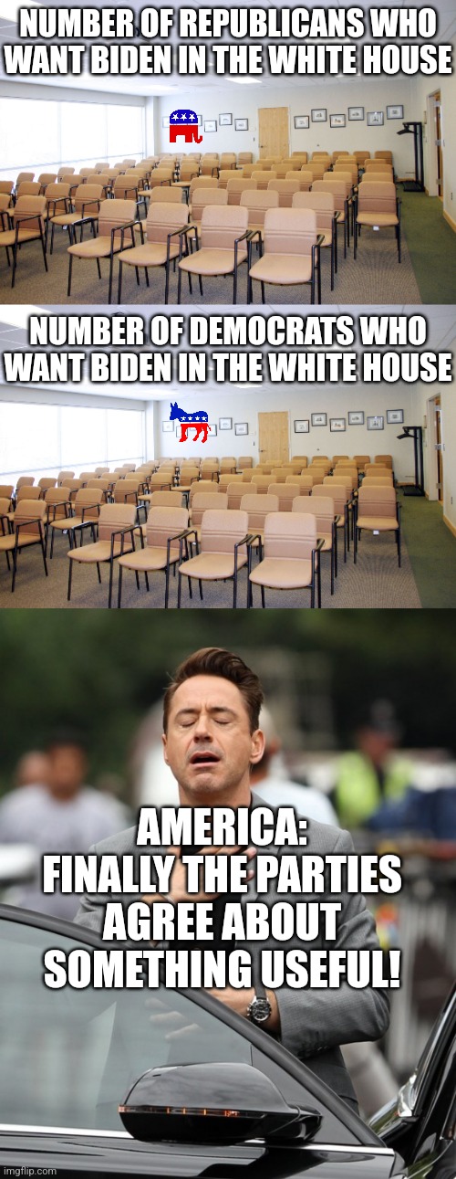Biden really has united the country...... nobody wants him as president | NUMBER OF REPUBLICANS WHO WANT BIDEN IN THE WHITE HOUSE; NUMBER OF DEMOCRATS WHO WANT BIDEN IN THE WHITE HOUSE; AMERICA:
FINALLY THE PARTIES AGREE ABOUT SOMETHING USEFUL! | image tagged in empty room with chairs,relief,democrats,gop,it's all coming together,political meme | made w/ Imgflip meme maker