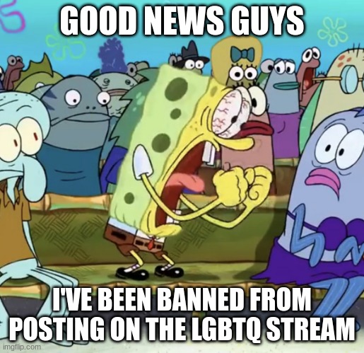 Spongebob Yelling | GOOD NEWS GUYS; I'VE BEEN BANNED FROM POSTING ON THE LGBTQ STREAM | made w/ Imgflip meme maker