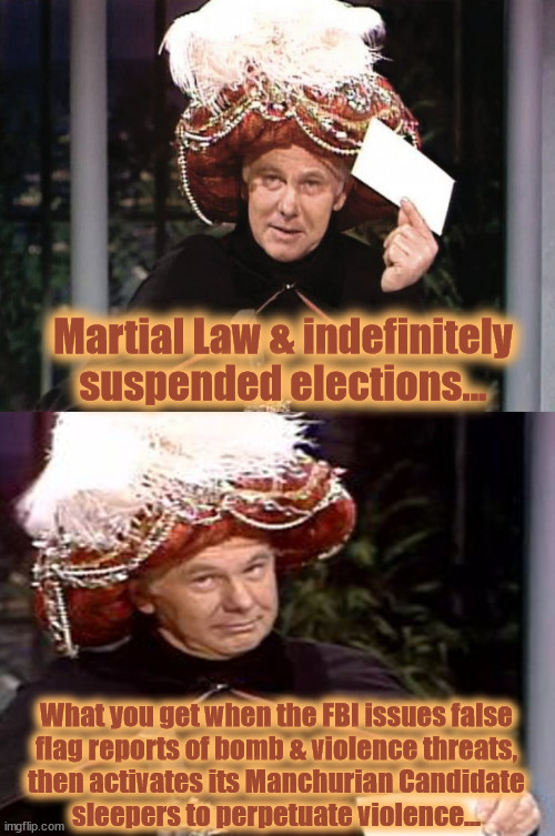 FBI False Flags | Martial Law & indefinitely
suspended elections... What you get when the FBI issues false
flag reports of bomb & violence threats,
then activates its Manchurian Candidate
sleepers to perpetuate violence... | image tagged in fbi,false flag,manchurian,martial law,elections | made w/ Imgflip meme maker