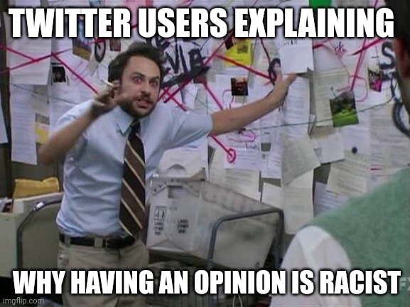 title. | TWITTER USERS EXPLAINING; WHY HAVING AN OPINION IS RACIST | image tagged in me trying to explain | made w/ Imgflip meme maker
