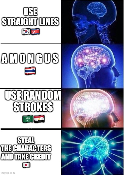 I’m sorry Hangul | USE STRAIGHT LINES
🇰🇷🇰🇵; A M O N G U S
🇹🇭; USE RANDOM STROKES
🇸🇦🇪🇬; STEAL THE CHARACTERS AND TAKE CREDIT
🇯🇵 | image tagged in memes,expanding brain | made w/ Imgflip meme maker