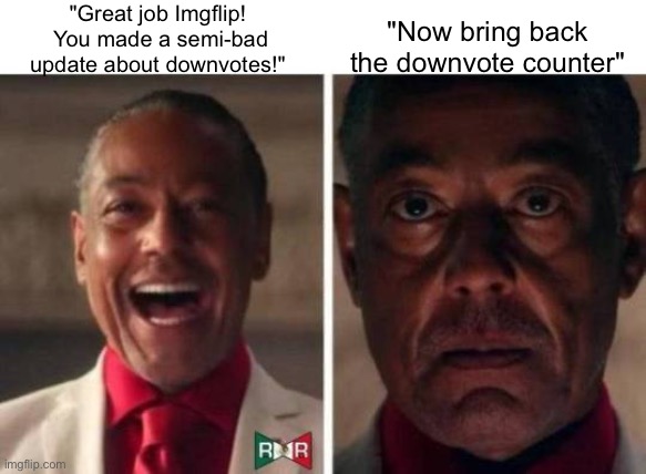 gus fring | "Great job Imgflip!  You made a semi-bad update about downvotes!"; "Now bring back the downvote counter" | image tagged in gus fring,imgflip,downvote | made w/ Imgflip meme maker