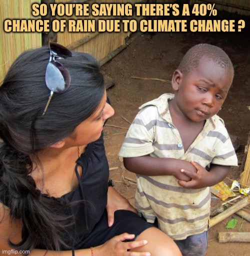 3rd World Sceptical Child | SO YOU’RE SAYING THERE’S A 40% CHANCE OF RAIN DUE TO CLIMATE CHANGE ? | image tagged in 3rd world sceptical child | made w/ Imgflip meme maker