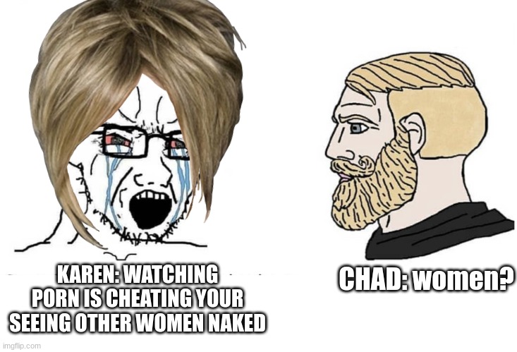 I forgor the title | KAREN: WATCHING PORN IS CHEATING YOUR SEEING OTHER WOMEN NAKED; CHAD: women? | image tagged in soyboy vs yes chad meme template,nsfw,memes | made w/ Imgflip meme maker