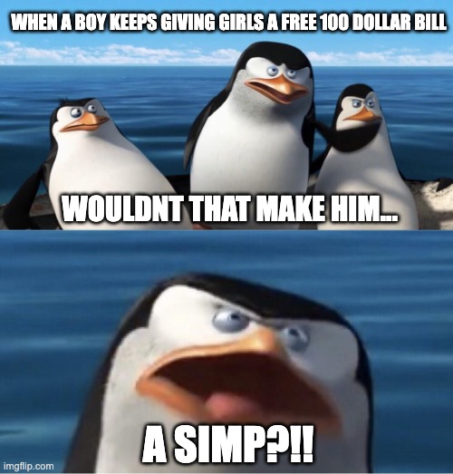 this sucks | WHEN A BOY KEEPS GIVING GIRLS A FREE 100 DOLLAR BILL; WOULDNT THAT MAKE HIM... A SIMP?!! | image tagged in wouldn't that make you | made w/ Imgflip meme maker