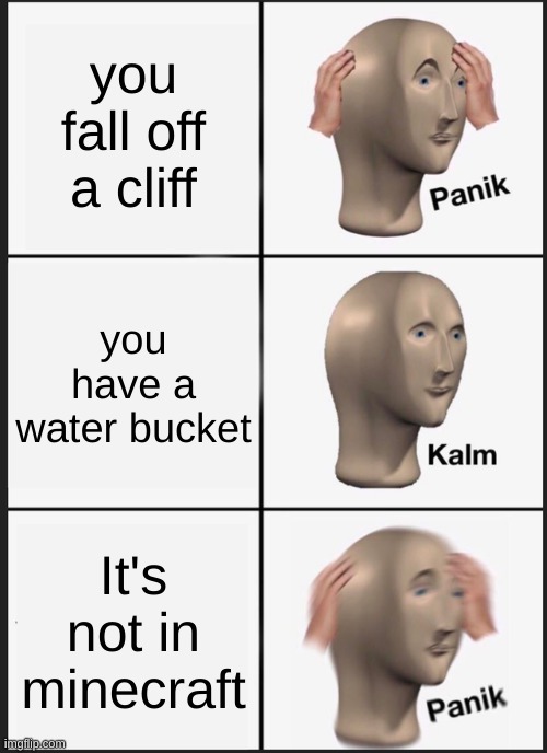 minecraft | you fall off a cliff; you have a water bucket; It's not in minecraft | image tagged in memes,panik kalm panik | made w/ Imgflip meme maker