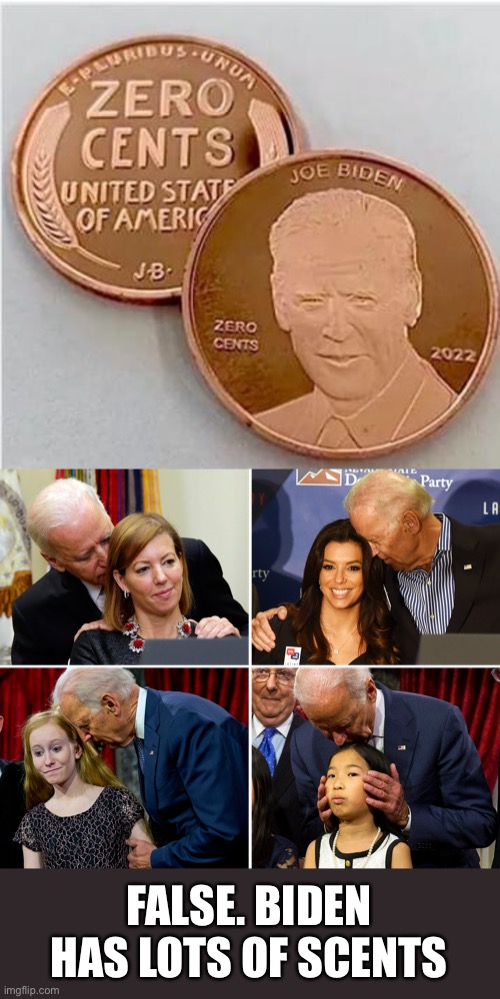 A Penny For The Fact Checker’s Thoughts | FALSE. BIDEN HAS LOTS OF SCENTS | image tagged in biden,penny,cents,scents,sense | made w/ Imgflip meme maker