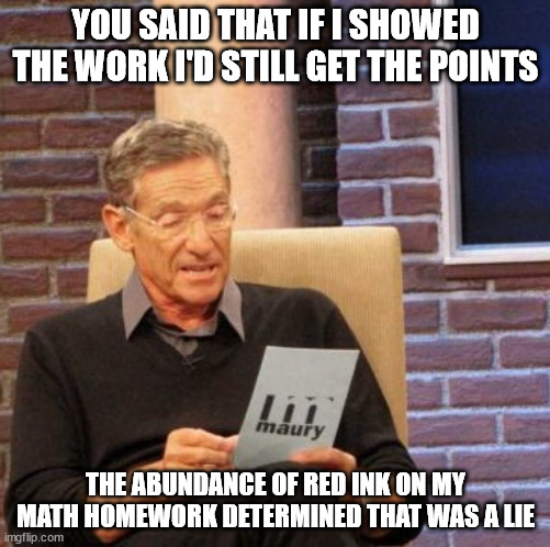 Maury Lie Detector |  YOU SAID THAT IF I SHOWED THE WORK I'D STILL GET THE POINTS; THE ABUNDANCE OF RED INK ON MY MATH HOMEWORK DETERMINED THAT WAS A LIE | image tagged in memes,maury lie detector | made w/ Imgflip meme maker