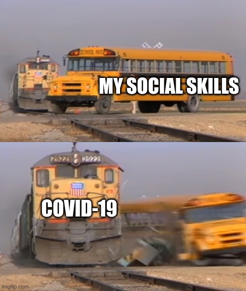 A train hitting a school bus | MY SOCIAL SKILLS; COVID-19 | image tagged in a train hitting a school bus | made w/ Imgflip meme maker