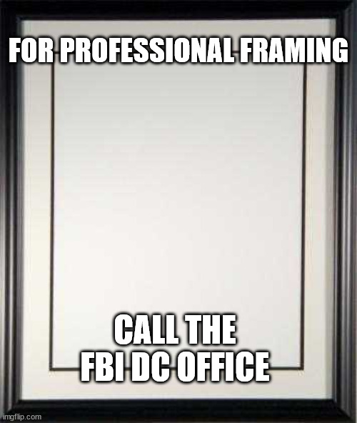 Nobody better at framing people than the FBI | FOR PROFESSIONAL FRAMING; CALL THE FBI DC OFFICE | image tagged in fbi,government corruption | made w/ Imgflip meme maker