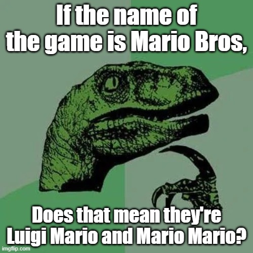 raptor asking questions | If the name of the game is Mario Bros, Does that mean they're Luigi Mario and Mario Mario? | image tagged in raptor asking questions | made w/ Imgflip meme maker