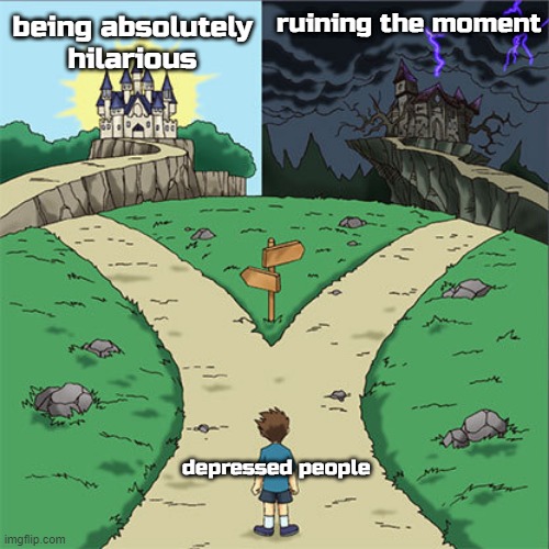Two Paths | ruining the moment; being absolutely hilarious; depressed people | image tagged in two paths | made w/ Imgflip meme maker