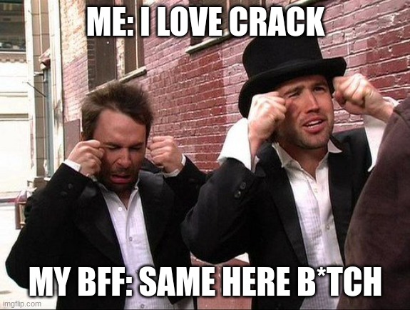 Aww did someone get addicted to crack | ME: I LOVE CRACK; MY BFF: SAME HERE B*TCH | image tagged in aww did someone get addicted to crack | made w/ Imgflip meme maker