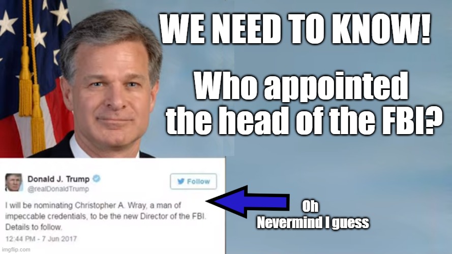 Wondering about the head of the FBI? | WE NEED TO KNOW! Who appointed 
the head of the FBI? Oh  
Nevermind I guess | made w/ Imgflip meme maker