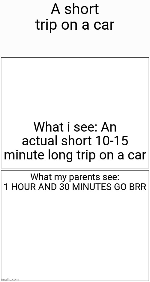 Blank Comic Panel 1x2 Meme | A short trip on a car; What i see: An actual short 10-15 minute long trip on a car; What my parents see: 1 HOUR AND 30 MINUTES GO BRR | image tagged in memes,blank comic panel 1x2 | made w/ Imgflip meme maker