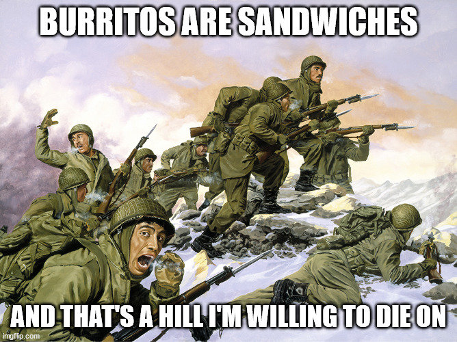 A hill worth dying on. | BURRITOS ARE SANDWICHES; AND THAT'S A HILL I'M WILLING TO DIE ON | image tagged in fight me,unpopular opinion,willing to die,change my mind | made w/ Imgflip meme maker
