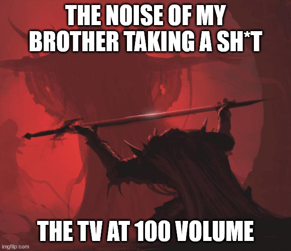 true | THE NOISE OF MY BROTHER TAKING A SH*T; THE TV AT 100 VOLUME | image tagged in epic sword offering | made w/ Imgflip meme maker