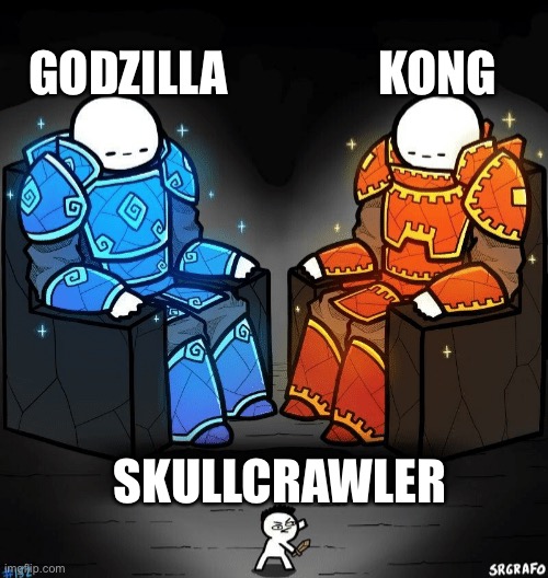 Two giants looking at a small guy | KONG; GODZILLA; SKULLCRAWLER | image tagged in two giants looking at a small guy,godzilla,kong,godzilla vs kong,legendary | made w/ Imgflip meme maker