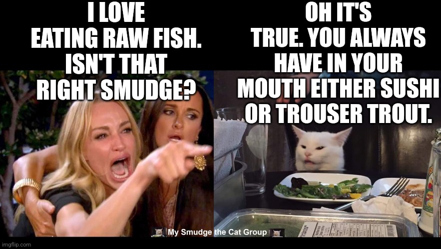  I LOVE EATING RAW FISH. ISN'T THAT RIGHT SMUDGE? OH IT'S TRUE. YOU ALWAYS HAVE IN YOUR MOUTH EITHER SUSHI OR TROUSER TROUT. | image tagged in smudge the cat | made w/ Imgflip meme maker