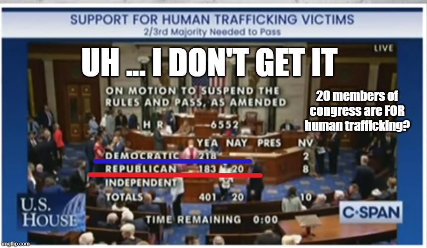 Who's FOR Human Trafficking? | UH ... I DON'T GET IT; 20 members of congress are FOR human trafficking? | made w/ Imgflip meme maker