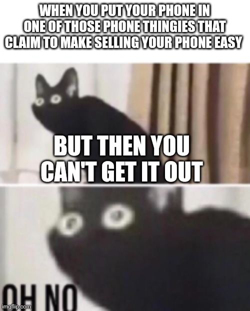 Oh no cat | WHEN YOU PUT YOUR PHONE IN ONE OF THOSE PHONE THINGIES THAT CLAIM TO MAKE SELLING YOUR PHONE EASY; BUT THEN YOU CAN'T GET IT OUT | image tagged in oh no cat | made w/ Imgflip meme maker
