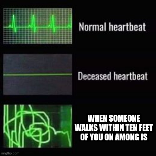 heartbeat rate | WHEN SOMEONE WALKS WITHIN TEN FEET OF YOU ON AMONG IS | image tagged in heartbeat rate | made w/ Imgflip meme maker