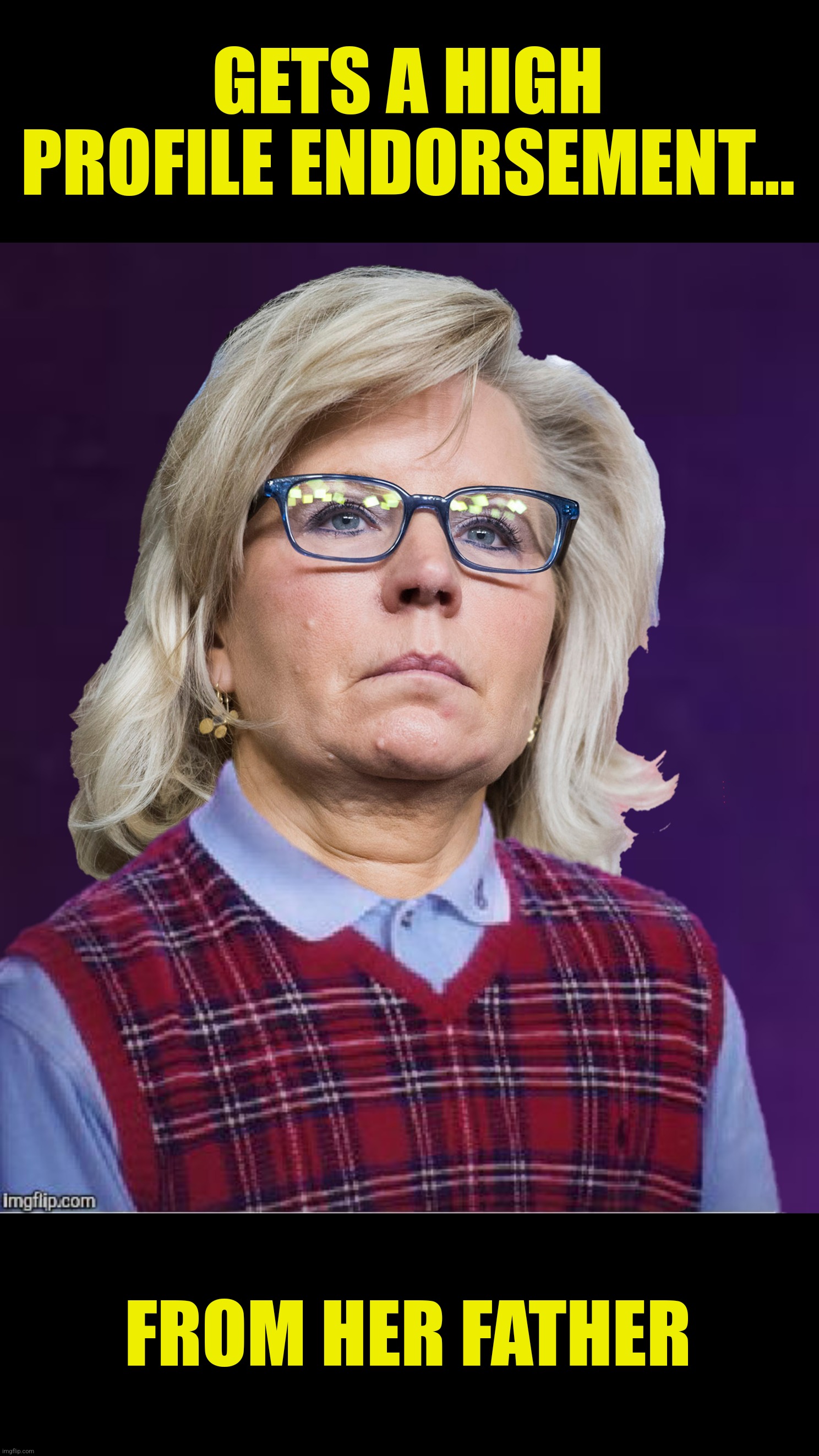 Dick Cheney "aims" to help his daughter | GETS A HIGH PROFILE ENDORSEMENT... FROM HER FATHER | image tagged in bad photoshop,liz cheney,bad luck brian,dick cheney | made w/ Imgflip meme maker