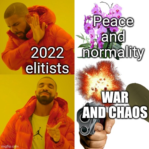 2022 be like | Peace and normality; 2022 elitists; WAR AND CHAOS | image tagged in memes,drake hotline bling,2022 | made w/ Imgflip meme maker
