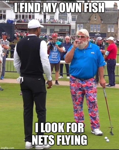 John Daly and Tiger Woods | I FIND MY OWN FISH; I LOOK FOR NETS FLYING | image tagged in john daly and tiger woods | made w/ Imgflip meme maker