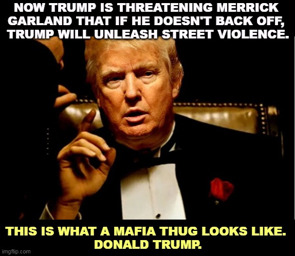 Godfather Trump | NOW TRUMP IS THREATENING MERRICK 
GARLAND THAT IF HE DOESN'T BACK OFF, 

TRUMP WILL UNLEASH STREET VIOLENCE. THIS IS WHAT A MAFIA THUG LOOKS LIKE. 
DONALD TRUMP. | image tagged in godfather trump,trump,mafia,bully,criminal | made w/ Imgflip meme maker