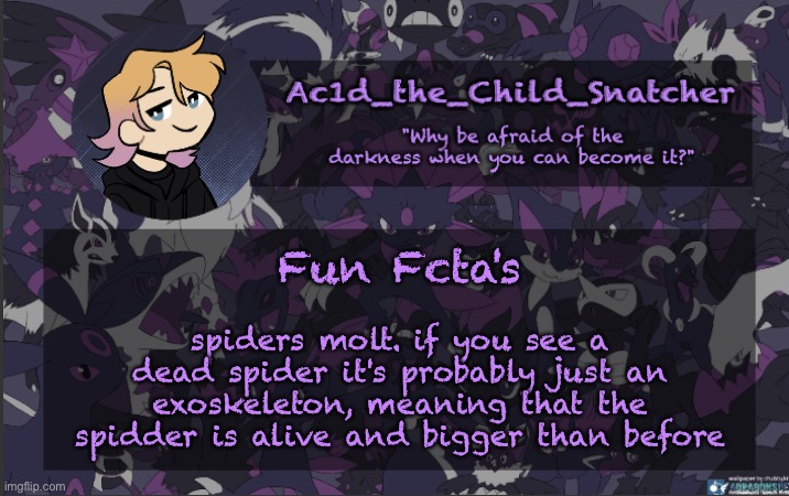 . | Fun Fcta's; spiders molt. if you see a dead spider it's probably just an exoskeleton, meaning that the spidder is alive and bigger than before | made w/ Imgflip meme maker