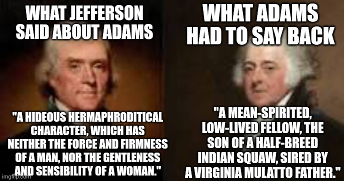 Politics is toxic ... Duh | WHAT JEFFERSON SAID ABOUT ADAMS; WHAT ADAMS HAD TO SAY BACK; "A MEAN-SPIRITED, LOW-LIVED FELLOW, THE SON OF A HALF-BREED INDIAN SQUAW, SIRED BY A VIRGINIA MULATTO FATHER."; "A HIDEOUS HERMAPHRODITICAL CHARACTER, WHICH HAS NEITHER THE FORCE AND FIRMNESS OF A MAN, NOR THE GENTLENESS AND SENSIBILITY OF A WOMAN." | image tagged in thomas jefferson | made w/ Imgflip meme maker
