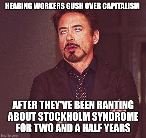 oh the irony | HEARING WORKERS GUSH OVER CAPITALISM; AFTER THEY'VE BEEN RANTING
 ABOUT STOCKHOLM SYNDROME 
FOR TWO AND A HALF YEARS | image tagged in robert downey jr annoyed | made w/ Imgflip meme maker