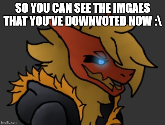 ok? Like that'll do anything | SO YOU CAN SEE THE IMGAES THAT YOU'VE DOWNVOTED NOW :\ | image tagged in skid/toof's oc lmao | made w/ Imgflip meme maker