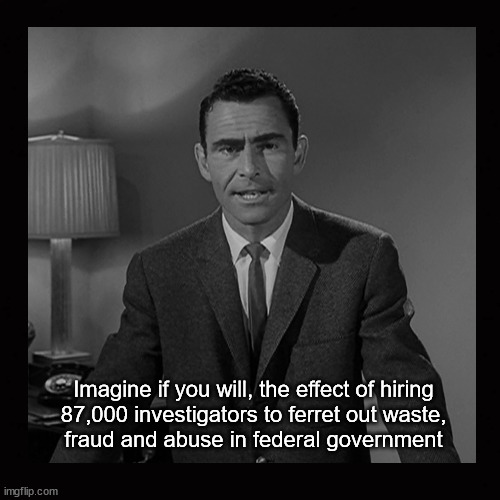 Imagine if you will, the effect of hiring 87,000 investigators ... | Imagine if you will, the effect of hiring
87,000 investigators to ferret out waste,
fraud and abuse in federal government | image tagged in waste,fraud,abuse,waste fraud and abuse | made w/ Imgflip meme maker