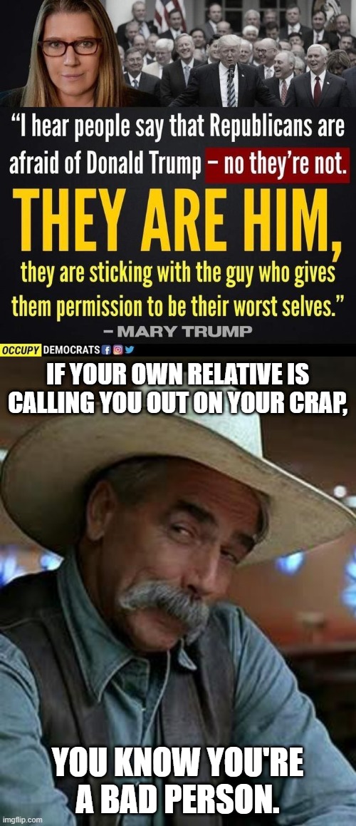 Once again, Mary Trump spits the truth. | IF YOUR OWN RELATIVE IS CALLING YOU OUT ON YOUR CRAP, YOU KNOW YOU'RE A BAD PERSON. | image tagged in sam elliott,mary trump,donald trump | made w/ Imgflip meme maker