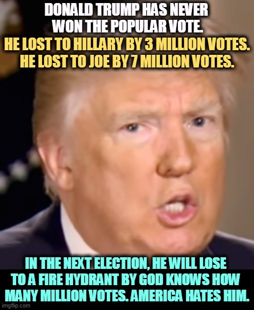 He is not a winner. | DONALD TRUMP HAS NEVER 
WON THE POPULAR VOTE. HE LOST TO HILLARY BY 3 MILLION VOTES.

HE LOST TO JOE BY 7 MILLION VOTES. IN THE NEXT ELECTION, HE WILL LOSE 

TO A FIRE HYDRANT BY GOD KNOWS HOW 
MANY MILLION VOTES. AMERICA HATES HIM. | image tagged in trump,loser,not,winner,hillary,joe | made w/ Imgflip meme maker