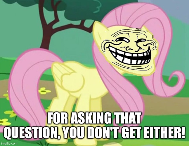 Fluttertroll | FOR ASKING THAT QUESTION, YOU DON'T GET EITHER! | image tagged in fluttertroll | made w/ Imgflip meme maker