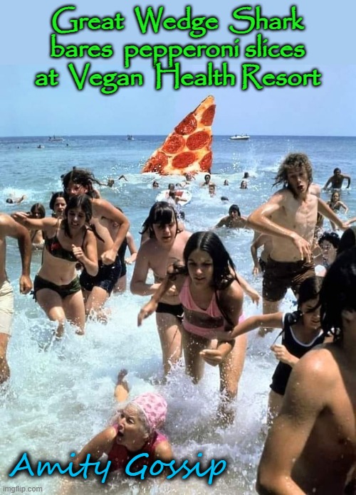 GWS | Great  Wedge  Shark
bares  pepperoni slices
at  Vegan  Health Resort; Amity Gossip | image tagged in jaws | made w/ Imgflip meme maker