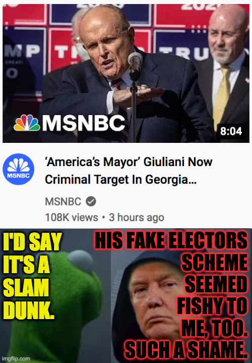 Someone has to go to jail. | HIS FAKE ELECTORS
SCHEME
SEEMED
FISHY TO
ME, TOO.
SUCH A SHAME. I'D SAY
IT'S A
SLAM
DUNK. | image tagged in kermit dark side,evil trump,memes,rudy giuliani | made w/ Imgflip meme maker