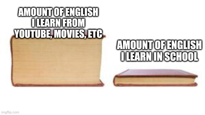 Lol | AMOUNT OF ENGLISH I LEARN FROM YOUTUBE, MOVIES, ETC; AMOUNT OF ENGLISH I LEARN IN SCHOOL | image tagged in two books,idk,english,school | made w/ Imgflip meme maker