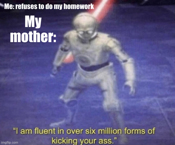 I am fluent in over six million forms of kicking your ass | My mother:; Me: refuses to do my homework | image tagged in i am fluent in over six million forms of kicking your ass | made w/ Imgflip meme maker