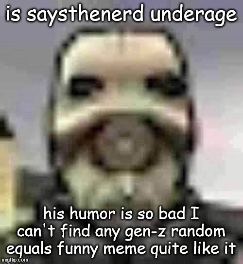 peak content | is saysthenerd underage; his humor is so bad I can't find any gen-z random equals funny meme quite like it | image tagged in peak content | made w/ Imgflip meme maker