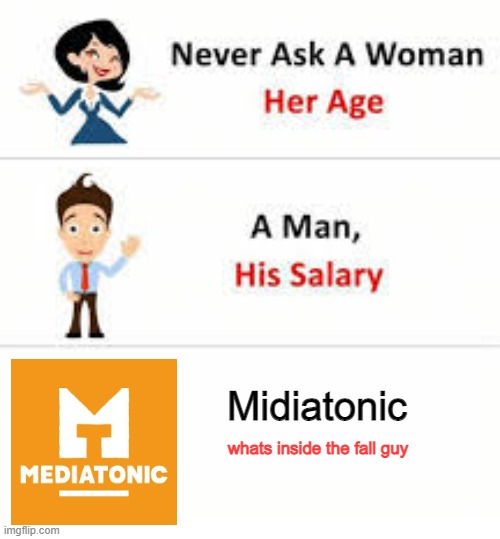 Dont search it up | Midiatonic; whats inside the fall guy | image tagged in never ask a woman her age | made w/ Imgflip meme maker