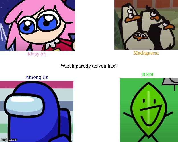 Question #2 | image tagged in kirby,madagascar,among us,bfdi | made w/ Imgflip meme maker