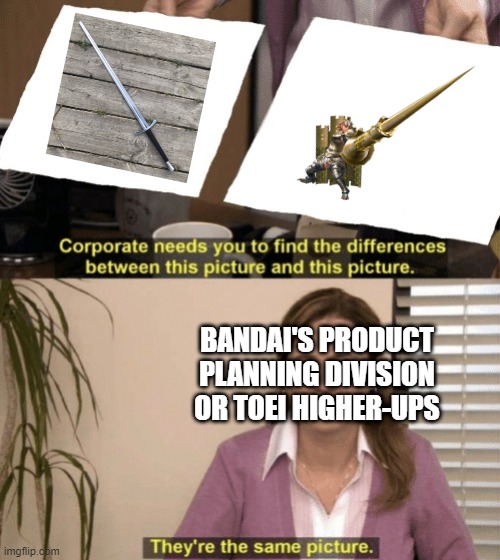 Context: Kamen Rider Knight's Sword Vent | BANDAI'S PRODUCT PLANNING DIVISION OR TOEI HIGHER-UPS | image tagged in corporate needs you to find the differences,kamen rider,kamen rider knight,sword vent | made w/ Imgflip meme maker
