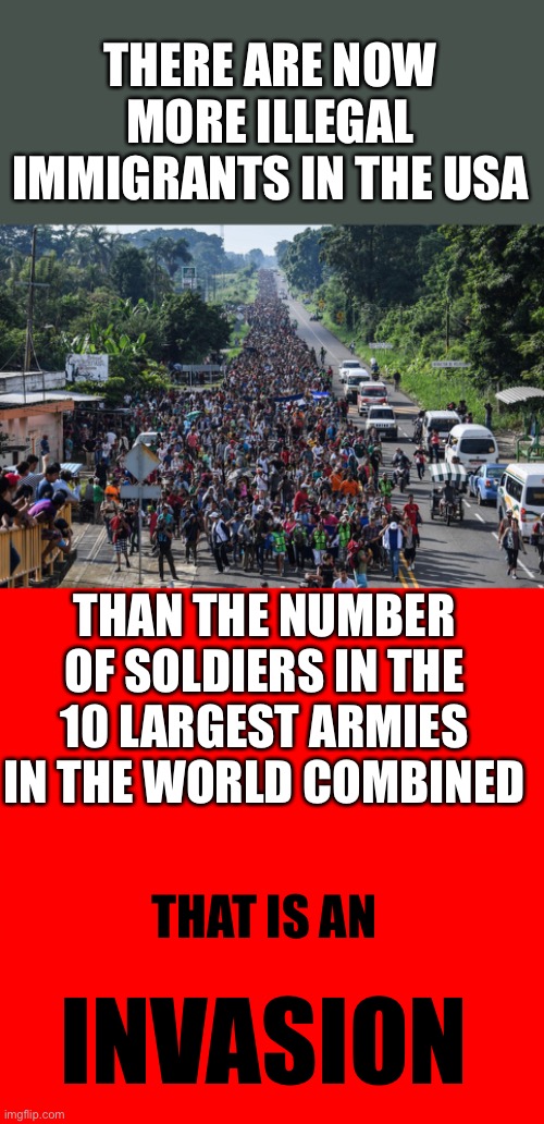 It is an invasion. |  THERE ARE NOW MORE ILLEGAL IMMIGRANTS IN THE USA; THAN THE NUMBER OF SOLDIERS IN THE 10 LARGEST ARMIES IN THE WORLD COMBINED; THAT IS AN; INVASION | image tagged in invasion,illegal immigrants,10 largest armies combined | made w/ Imgflip meme maker