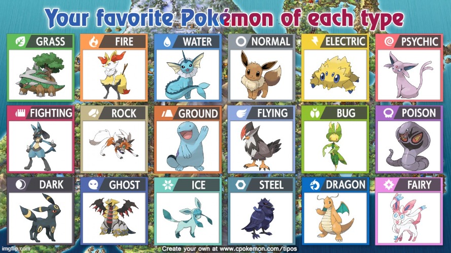 favourite pokemon of each type | image tagged in pokemon | made w/ Imgflip meme maker