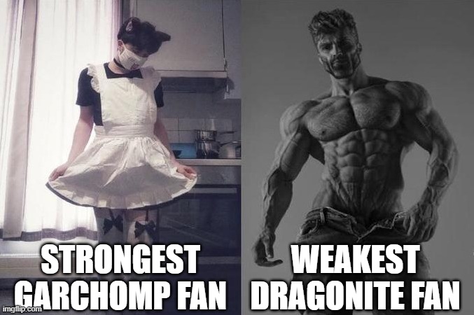 Dragonite >>>>>>>>>>>>>>>>>>>>>>>>>>>>>>>>>>>>>>>>>>>>>>>>> | STRONGEST GARCHOMP FAN; WEAKEST DRAGONITE FAN | image tagged in strongest fan vs weakest fan | made w/ Imgflip meme maker