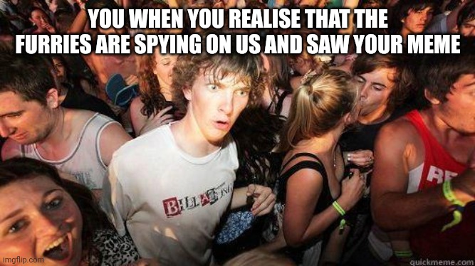 Sudden Realization | YOU WHEN YOU REALISE THAT THE FURRIES ARE SPYING ON US AND SAW YOUR MEME | image tagged in sudden realization | made w/ Imgflip meme maker